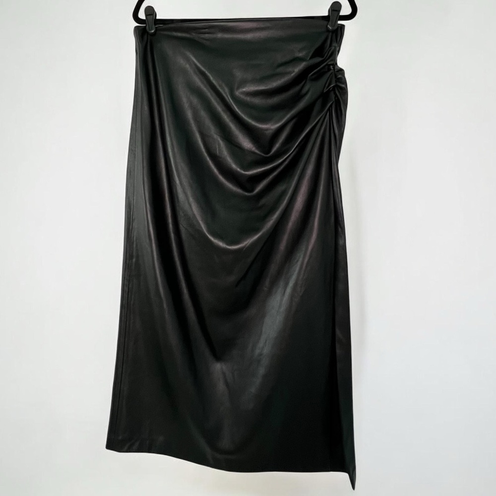 Zara Black Faux Leather Midi Skirt with Side Ruching